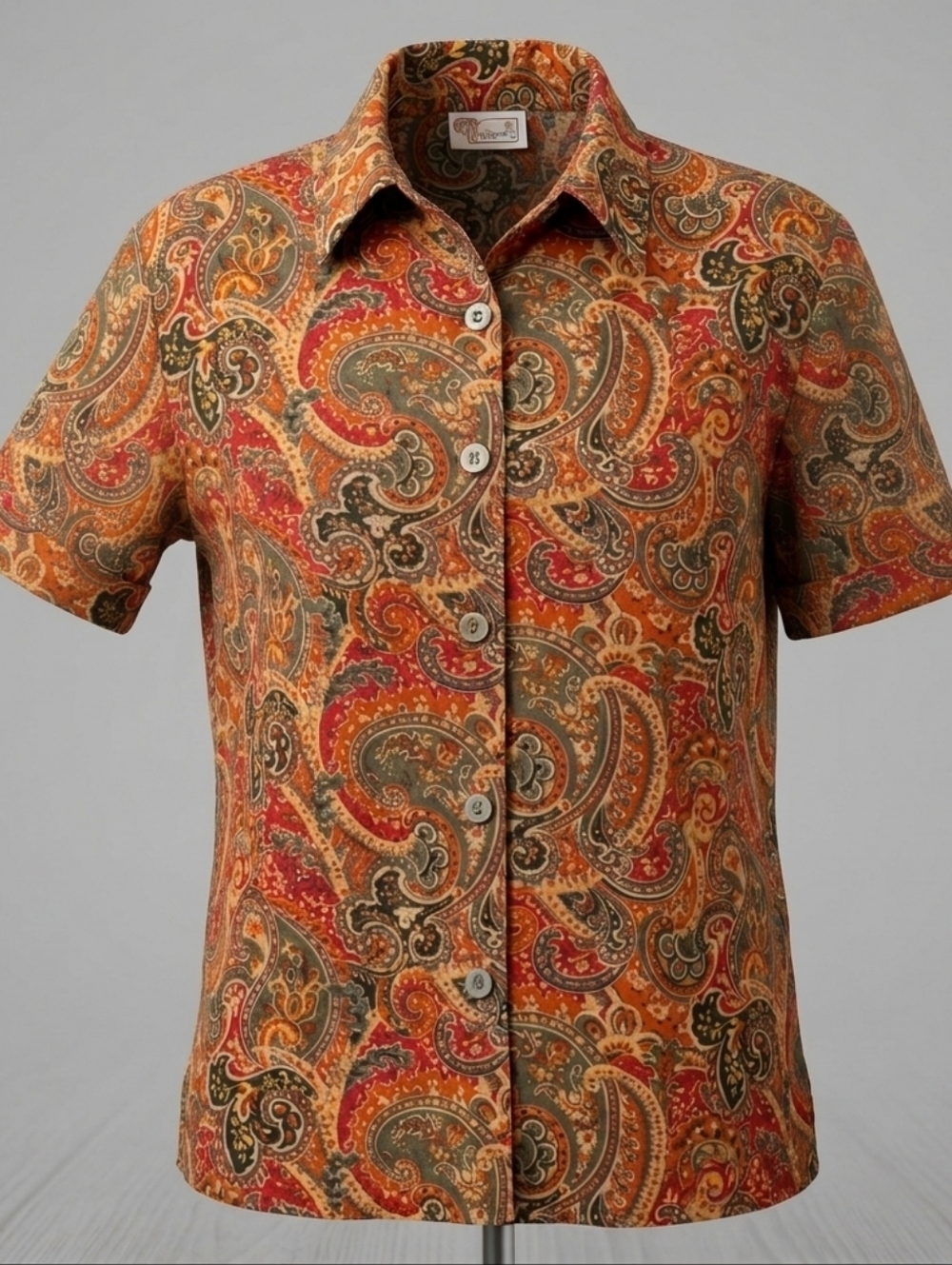 Vintage Tradition Paisley Orange & Green Women's Short Sleeve Blouse Size M-L